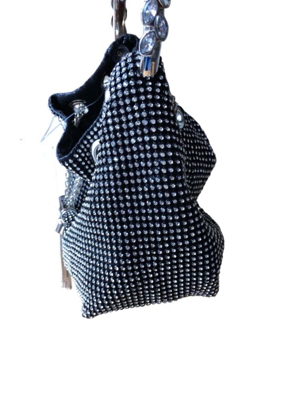 Black Rhinestone Bucket Bag Chain Handle Crossbody Strap Evening Formal Purse - Picture 5 of 11